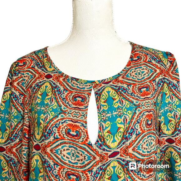 Bebop Be You Be Free Dress SZ L Keyhole 3/4 Sleeves Aqua Multi Color Tribal - Picture 3 of 12